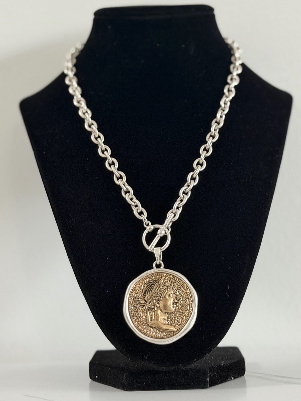 Gold Coin Necklace on Silver Chain - Women Jewelry